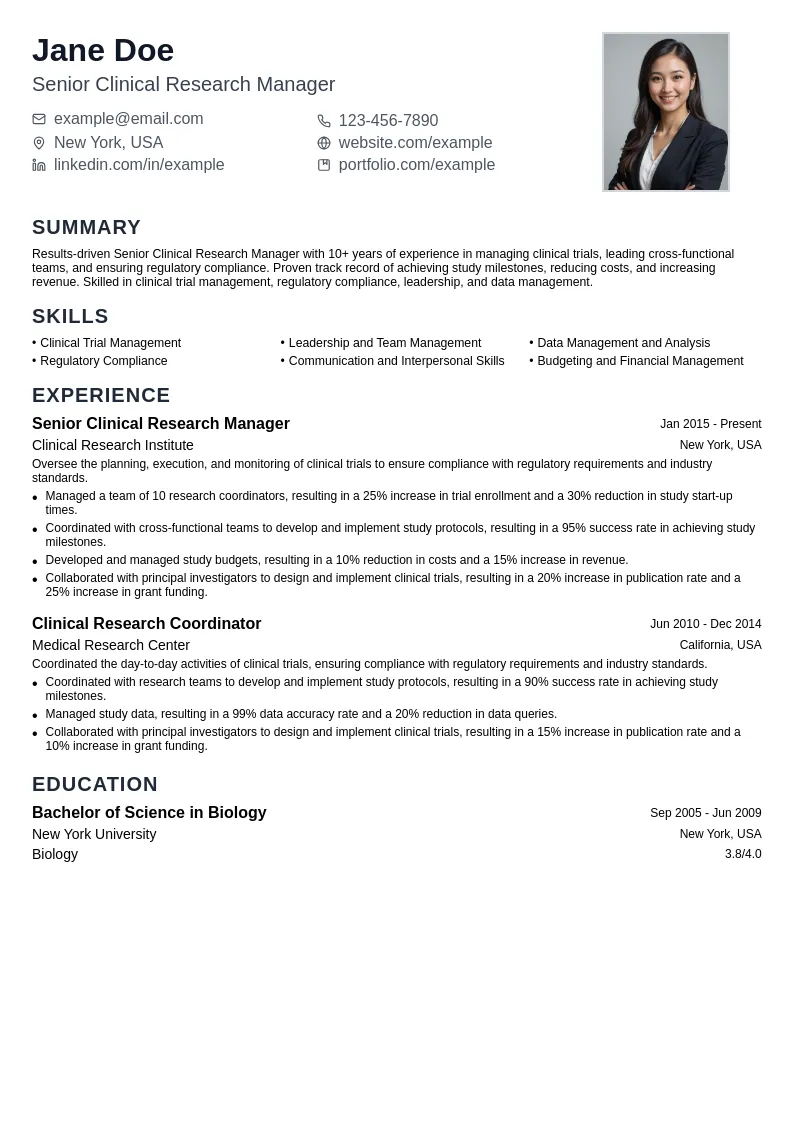 Senior Clinical Research Manager resume example