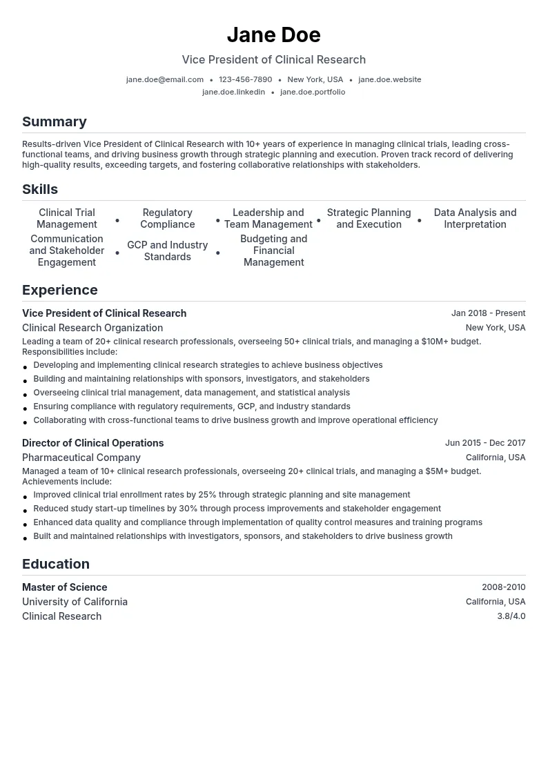 Vice President of Clinical Research resume example