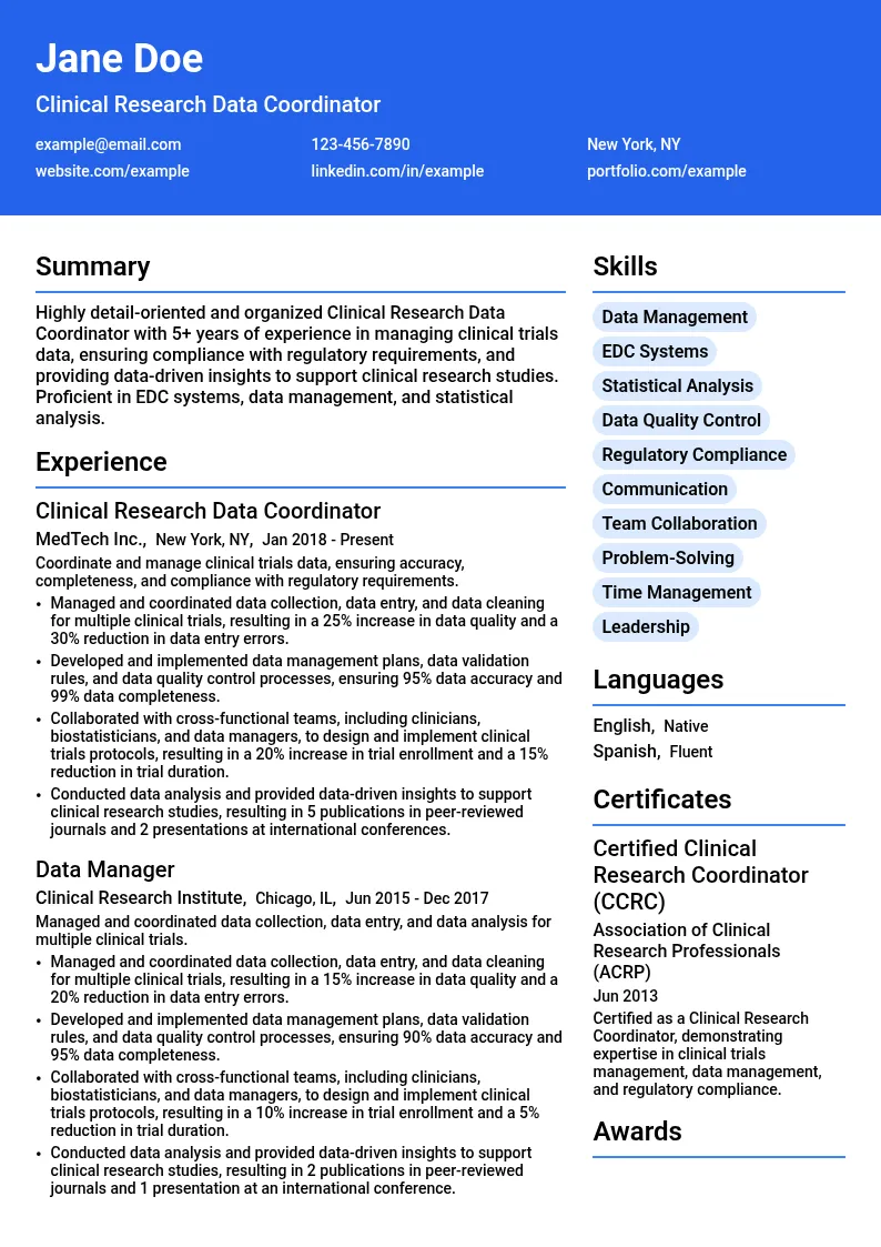 Clinical Research Data Coordinator resume example