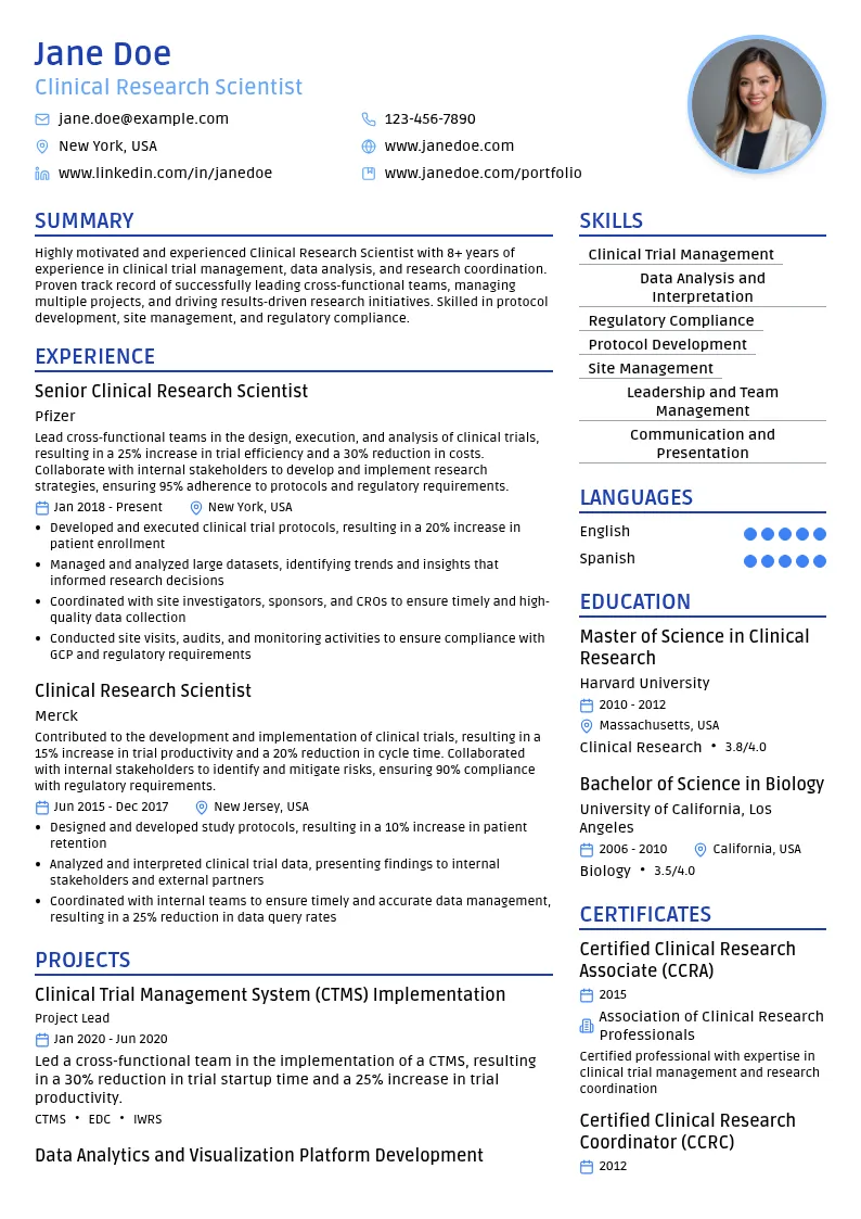 Clinical Research Scientist resume example