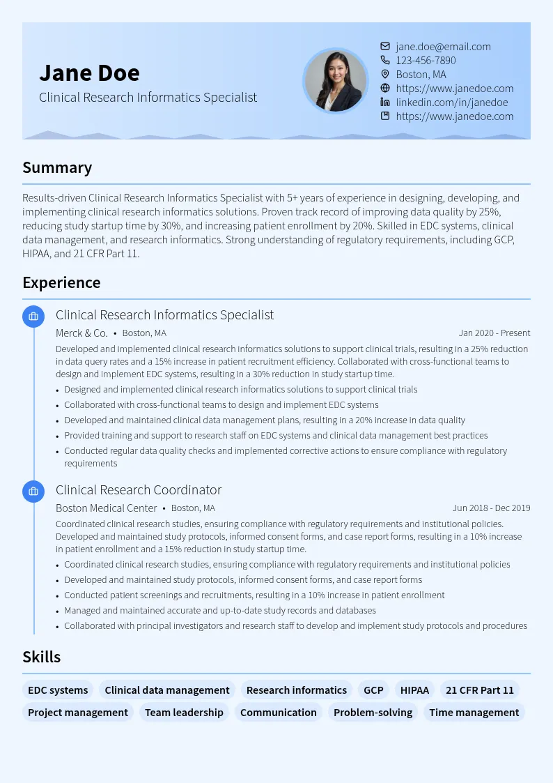 Clinical Research Informatics Specialist resume example