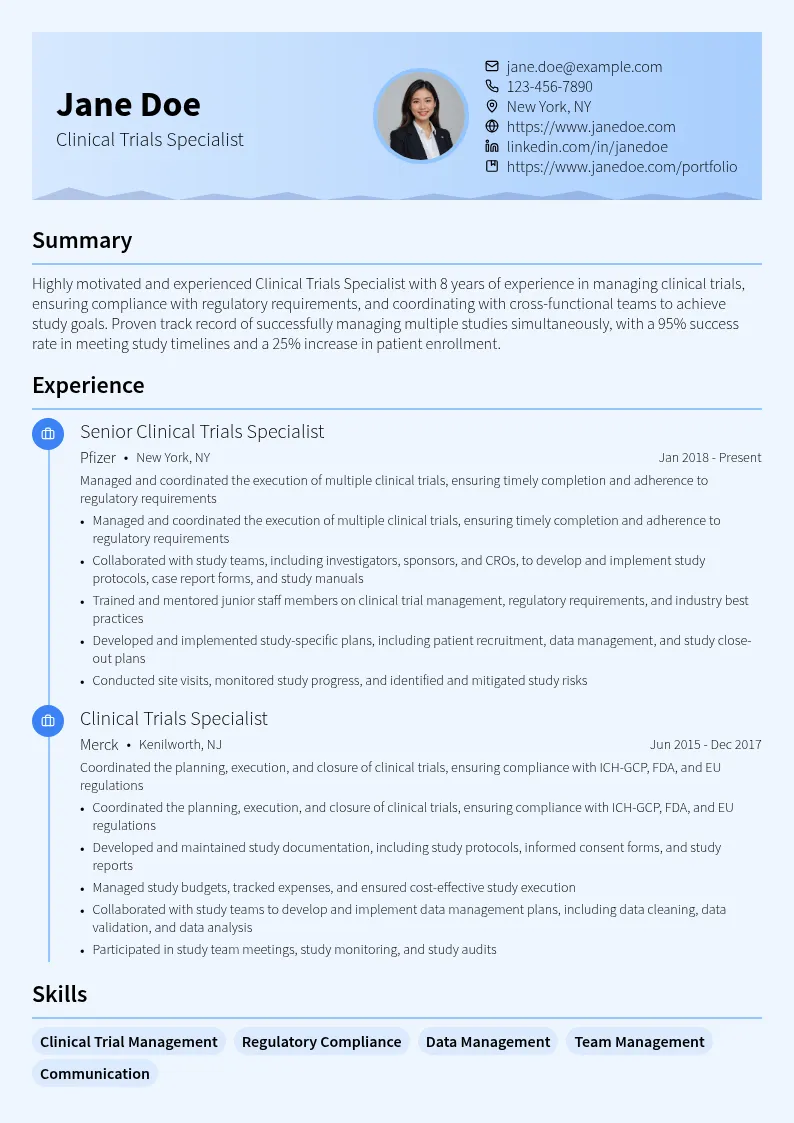 Clinical Trials Specialist resume example