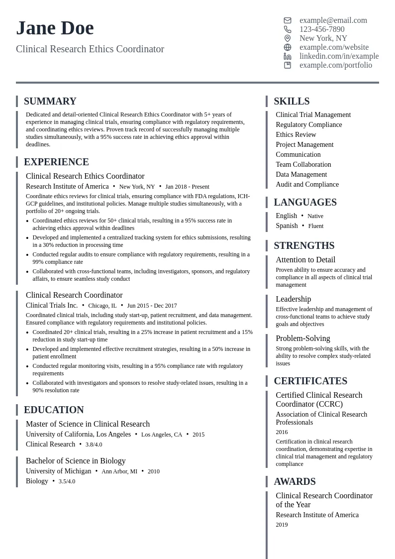 Clinical Research Ethics Coordinator resume example