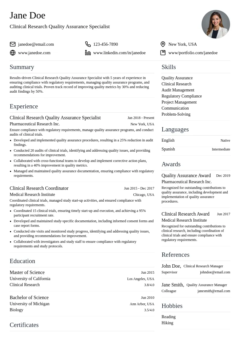 Clinical Research Quality Assurance Specialist resume example