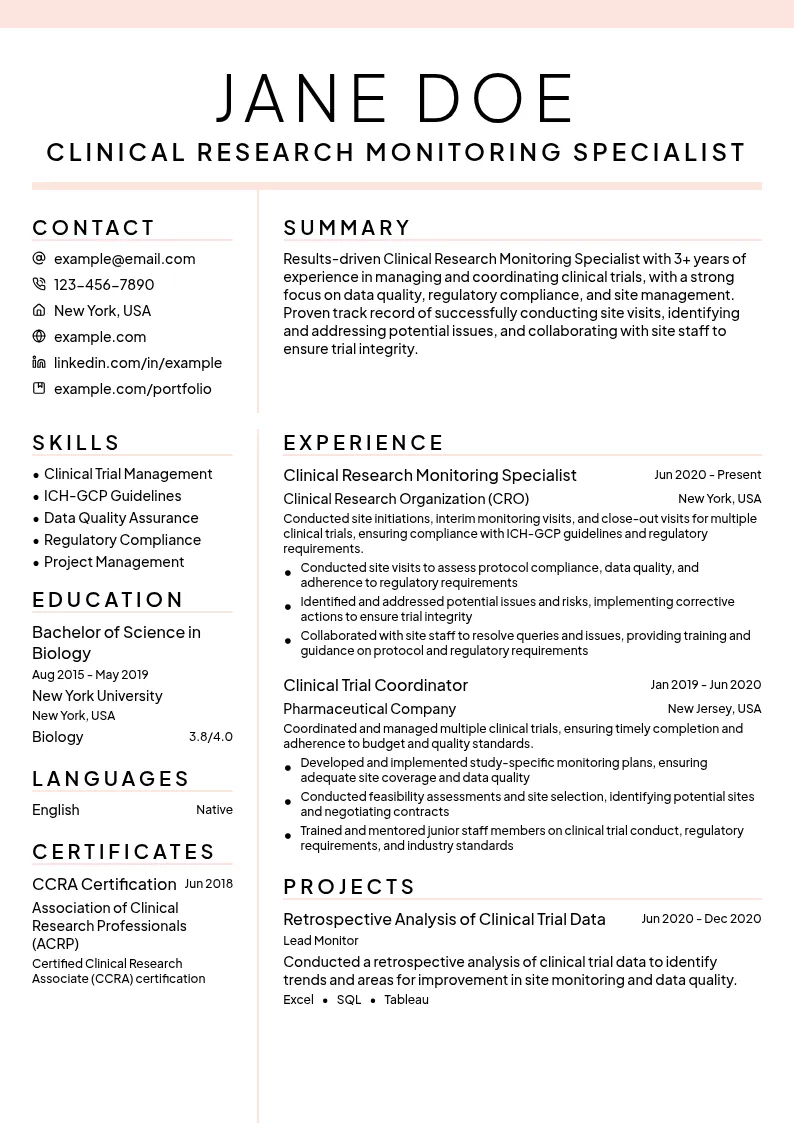 Clinical Research Monitoring Specialist resume example