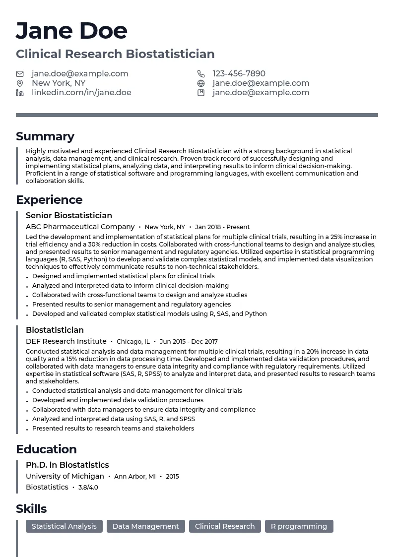 Clinical Research Biostatistician resume example