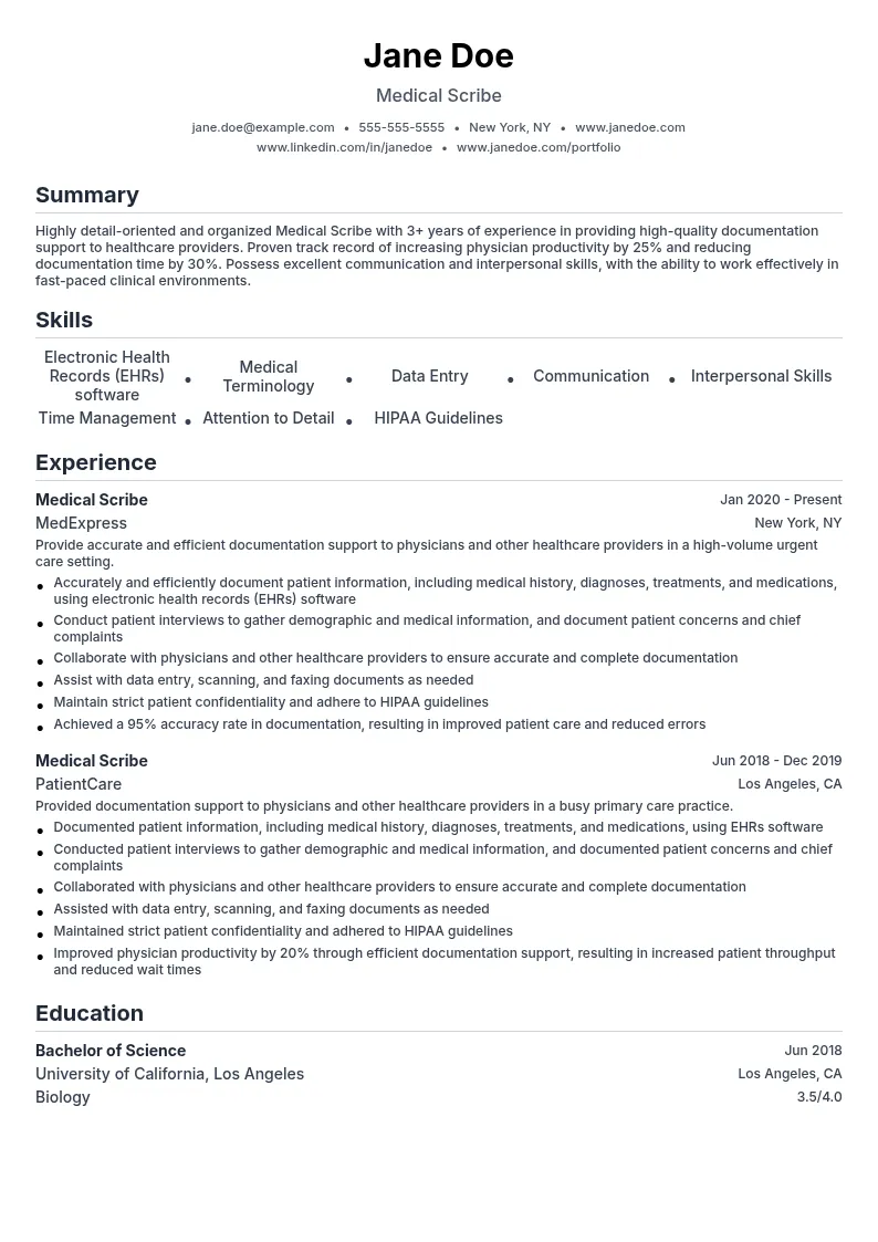 Medical Scribe resume example