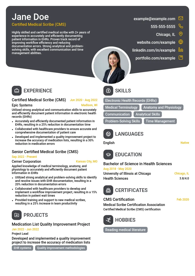 Certified Medical Scribe (CMS) resume example