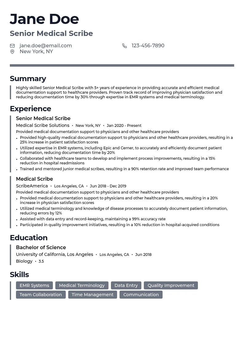 Senior Medical Scribe resume example