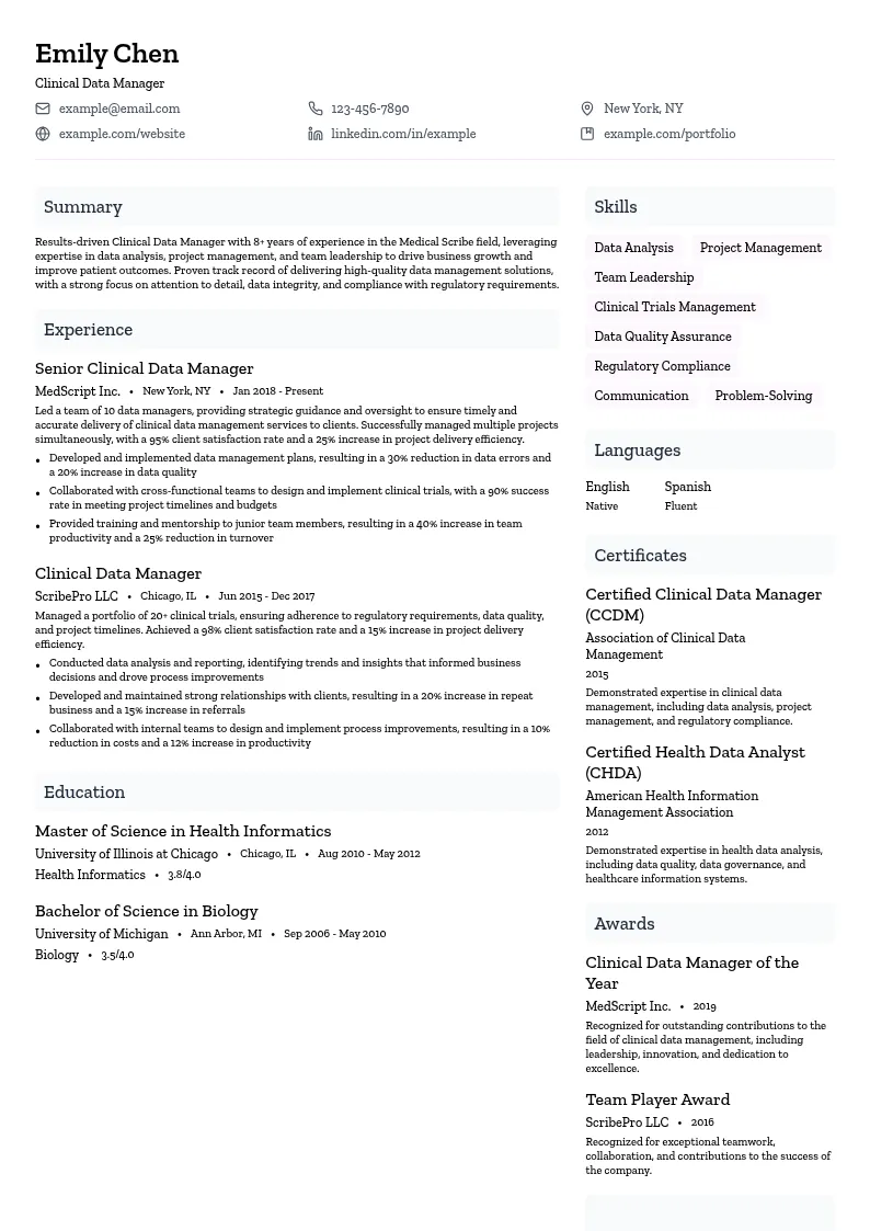 Clinical Data Manager resume example