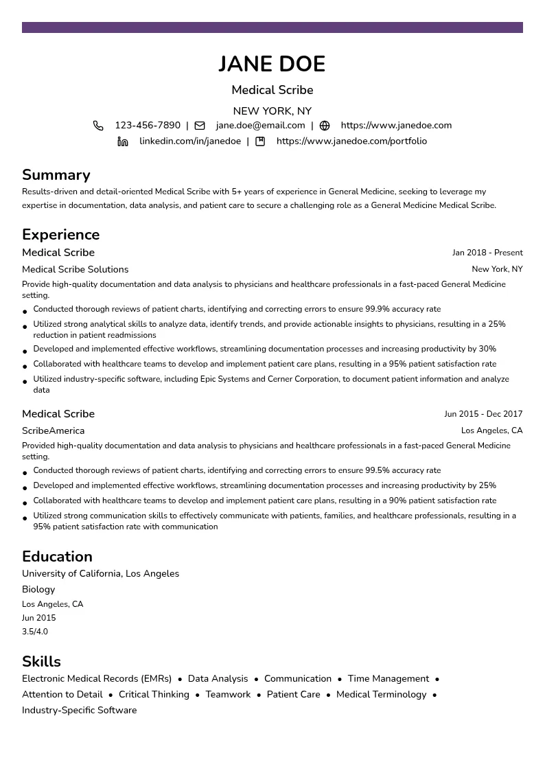General Medicine Medical Scribe resume example