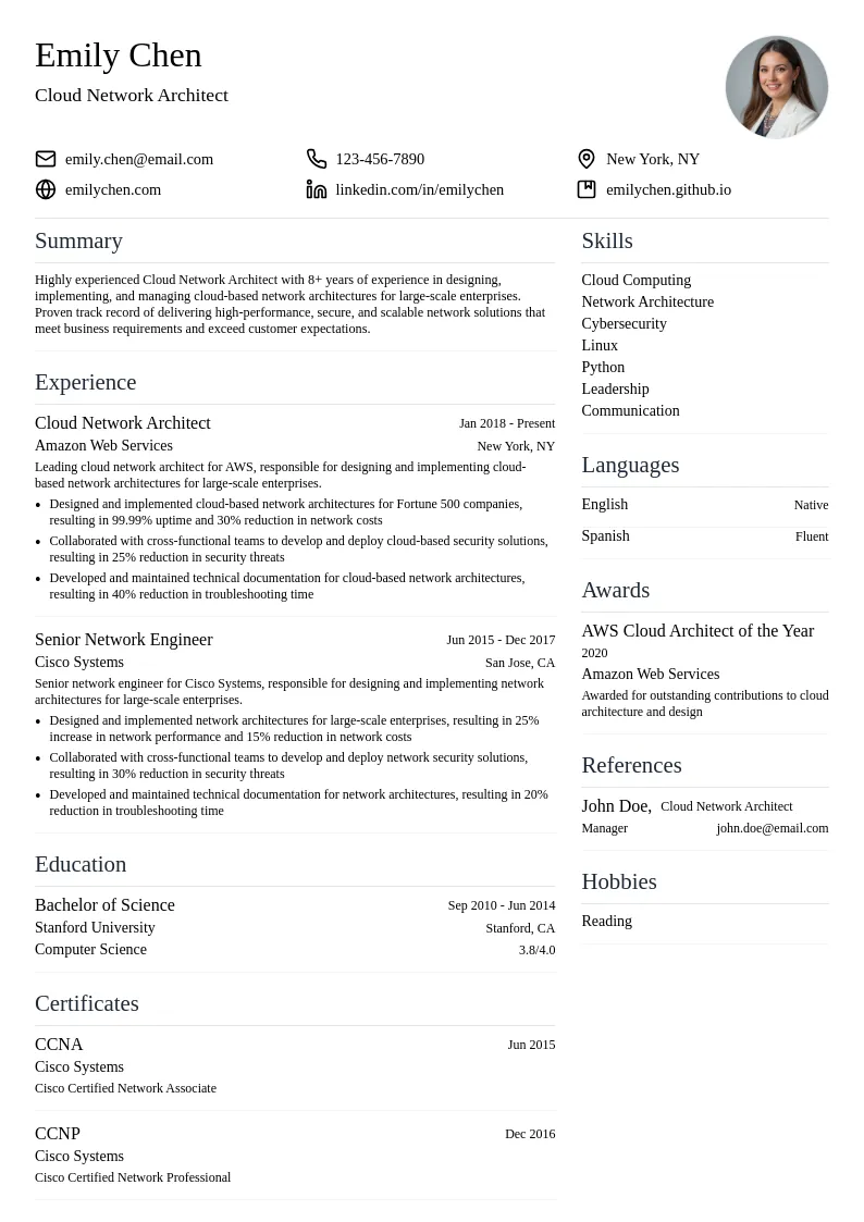 Cloud Network Architect resume example