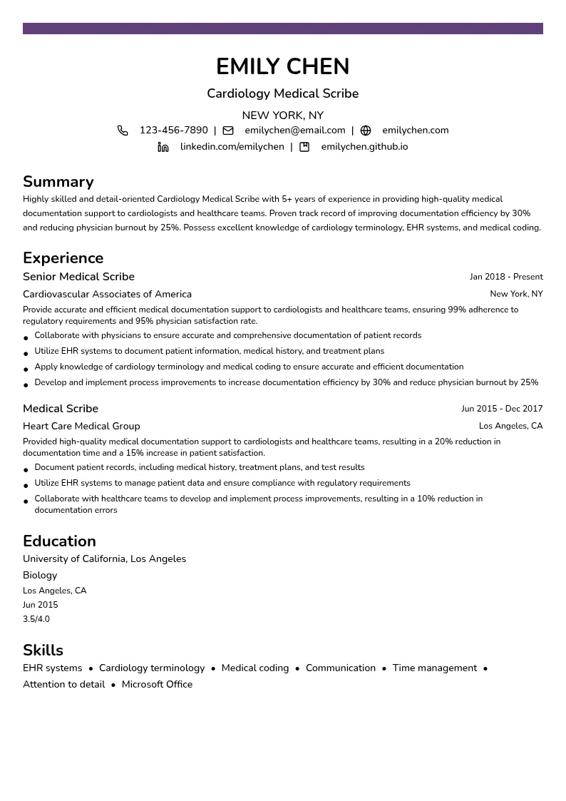 Cardiology Medical Scribe resume example