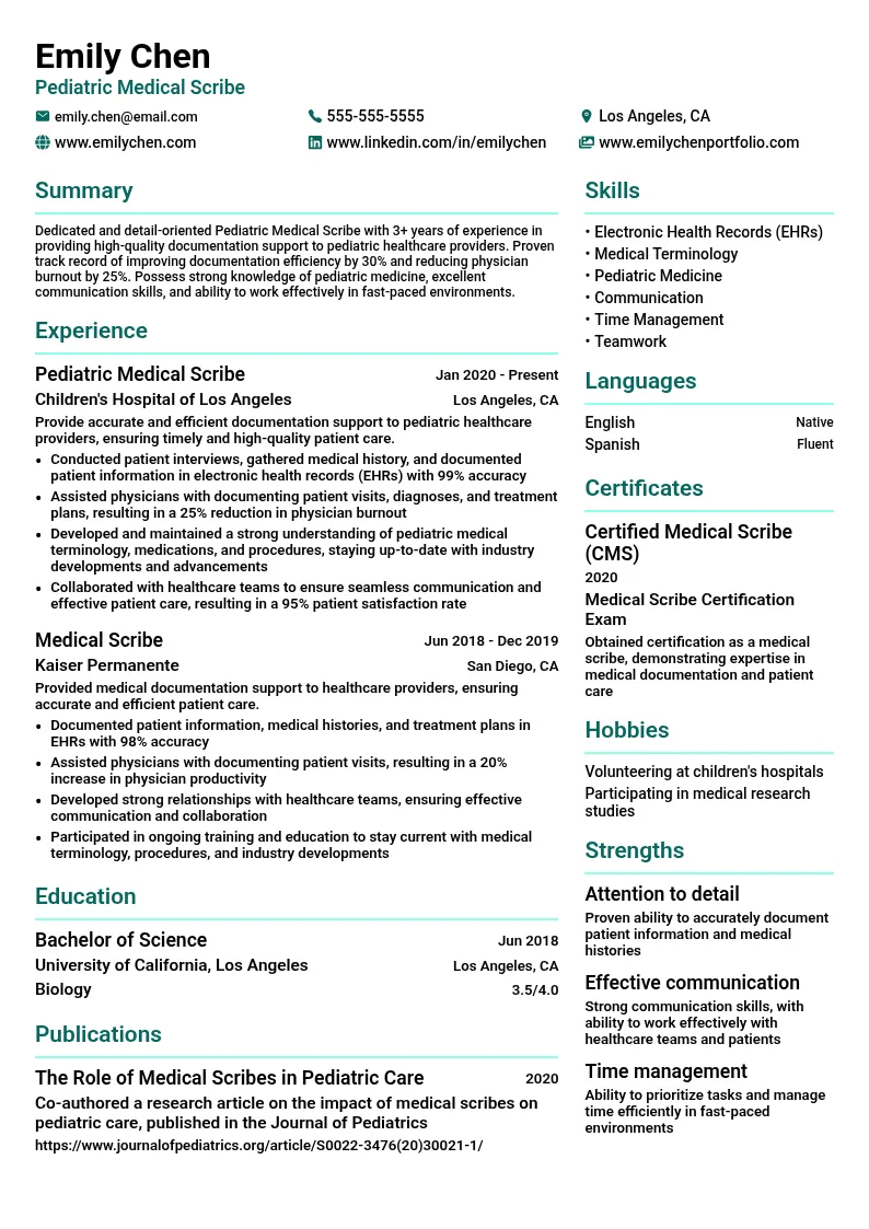 Pediatric Medical Scribe resume example