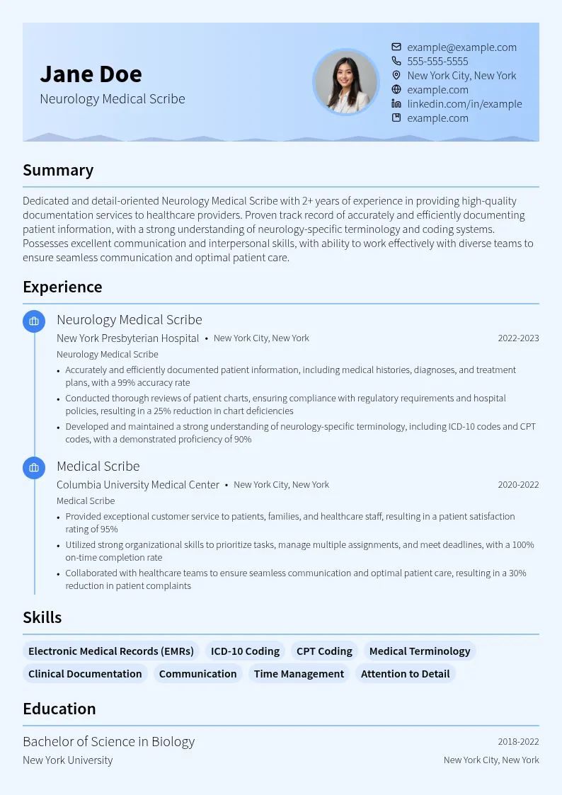 Neurology Medical Scribe resume example