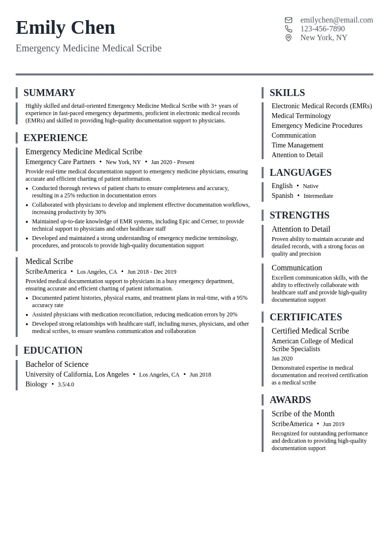 Emergency Medicine Medical Scribe resume example