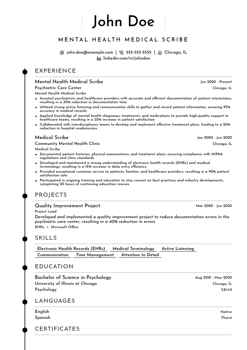 Mental Health Medical Scribe resume example