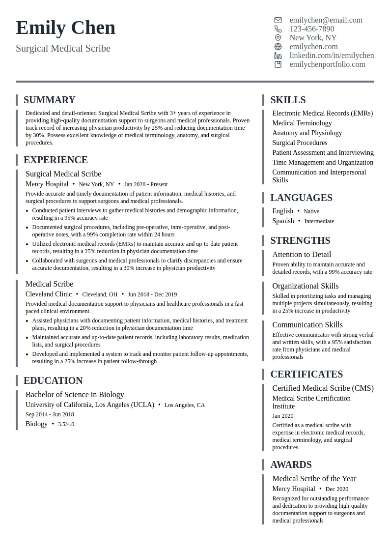 Surgical Medical Scribe resume example