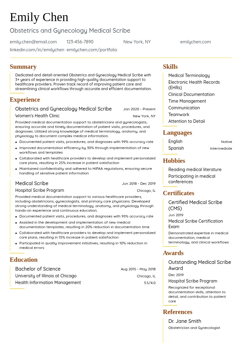 Obstetrics and Gynecology Medical Scribe resume example