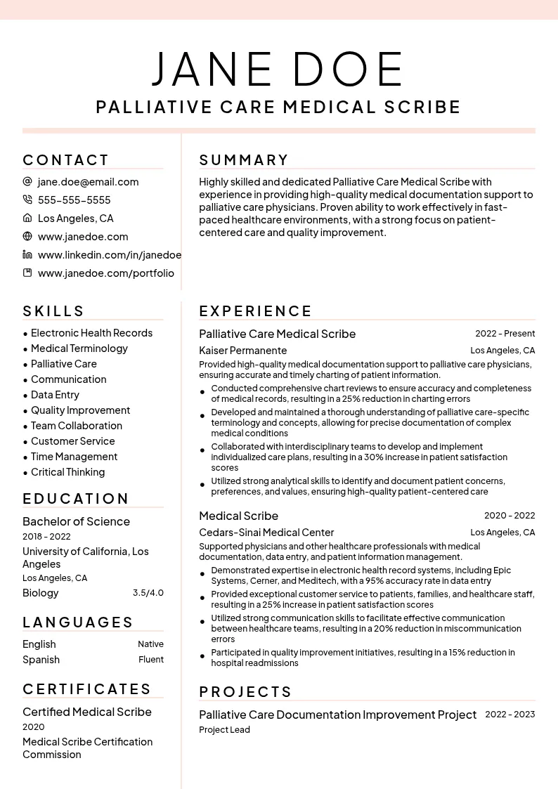 Palliative Care Medical Scribe resume example