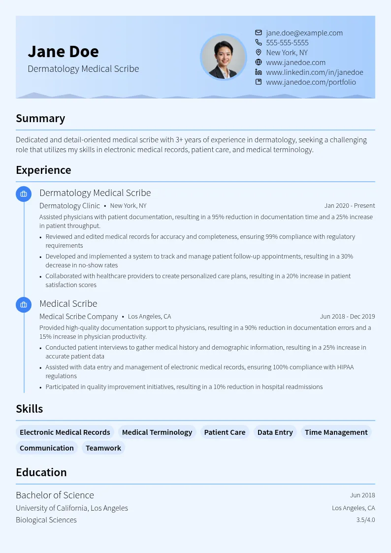 Dermatology Medical Scribe resume example