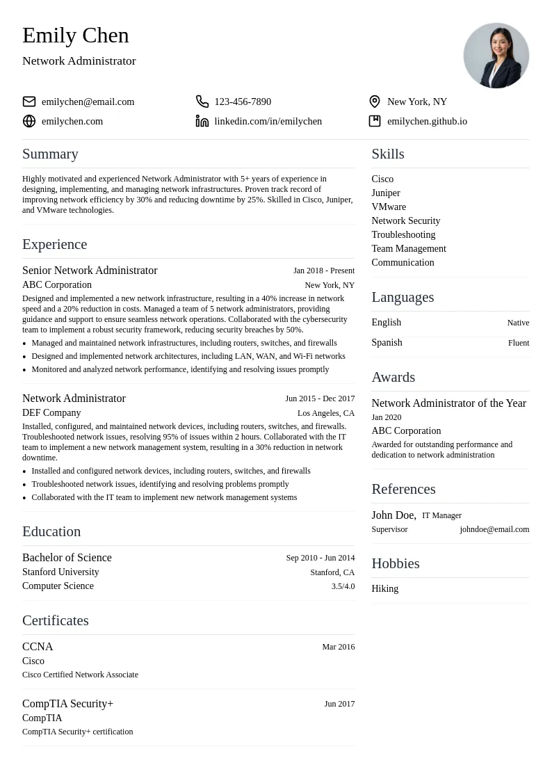 Network Administrator resume example