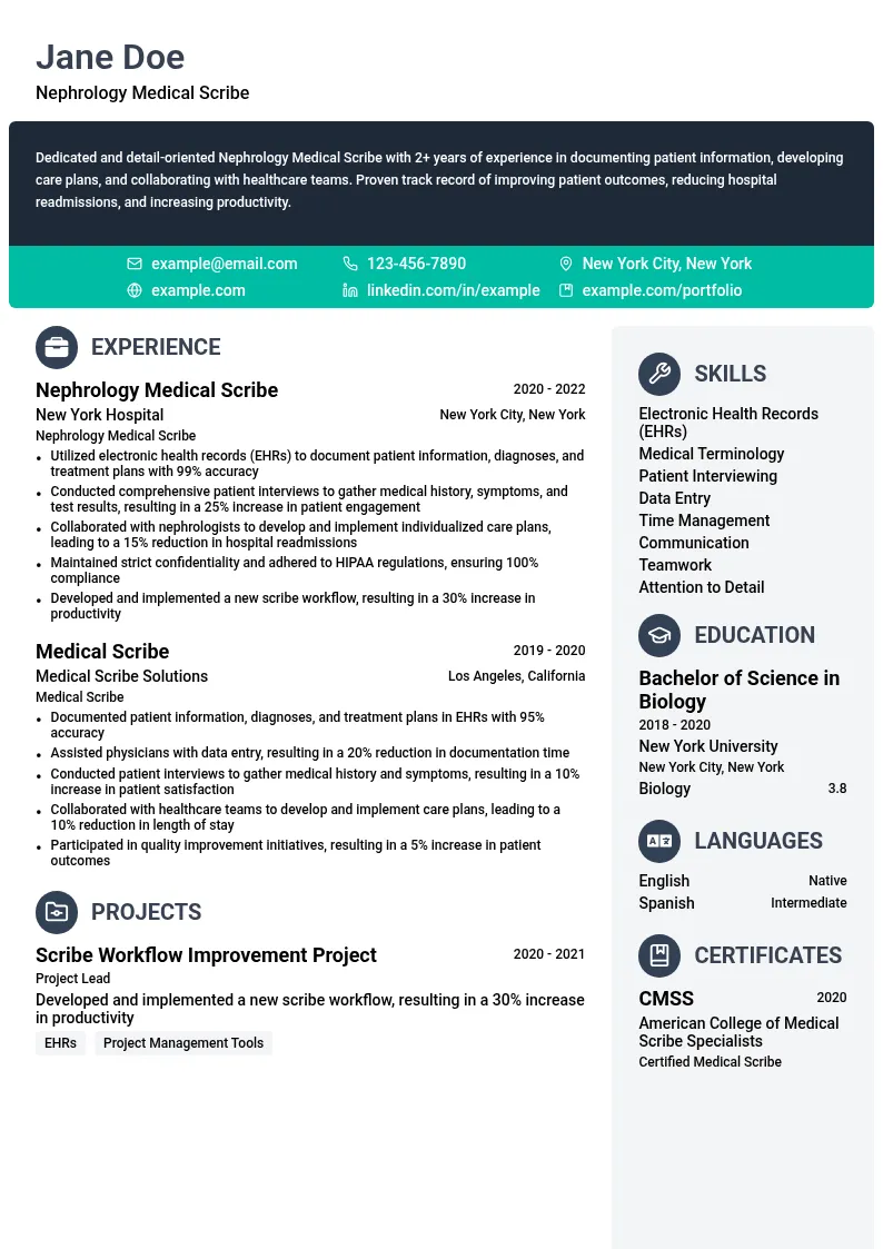 Nephrology Medical Scribe resume example