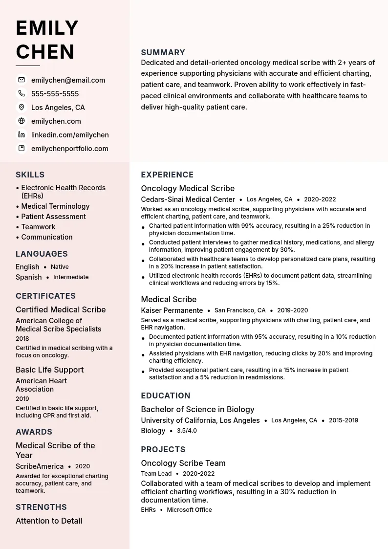 Oncology Medical Scribe resume example