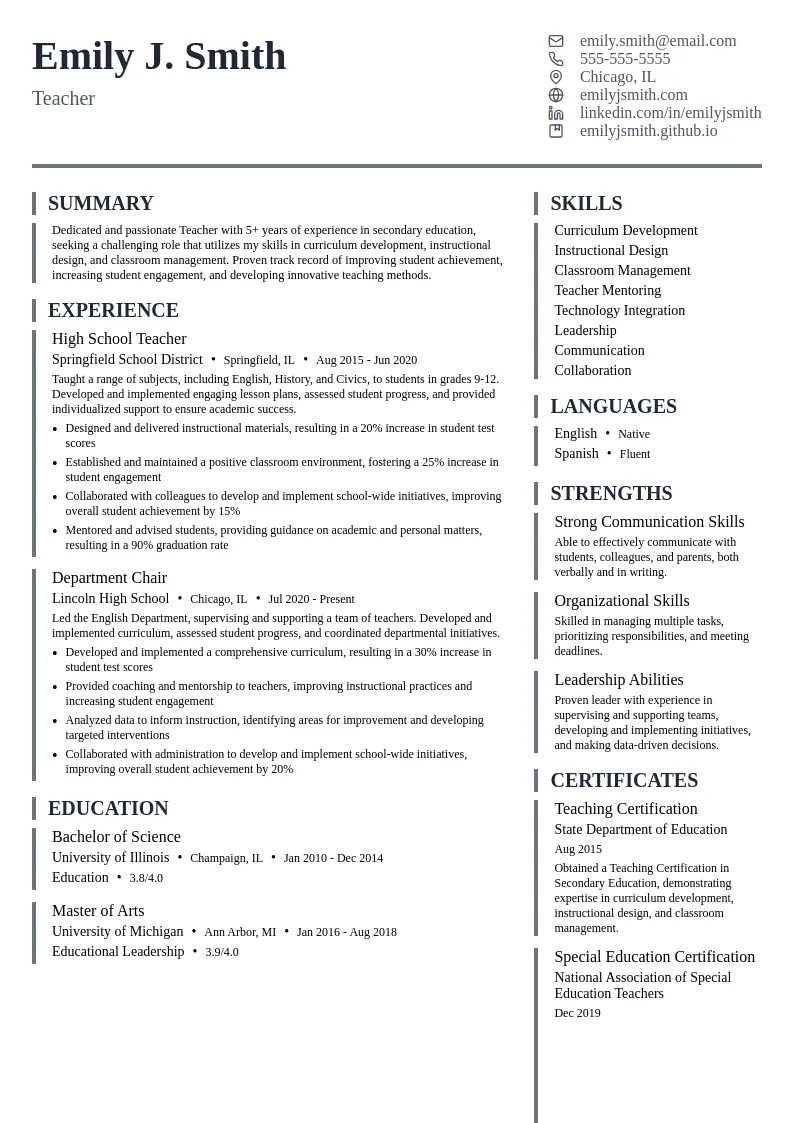 Teacher resume example