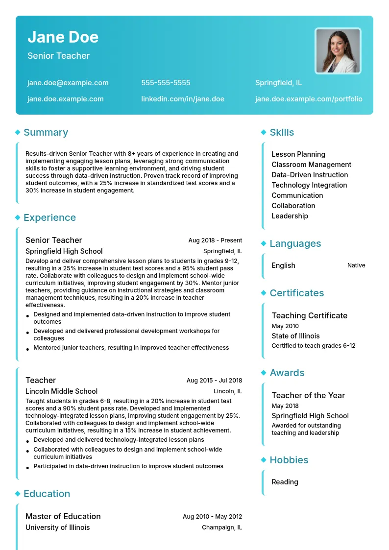 Senior Teacher resume example