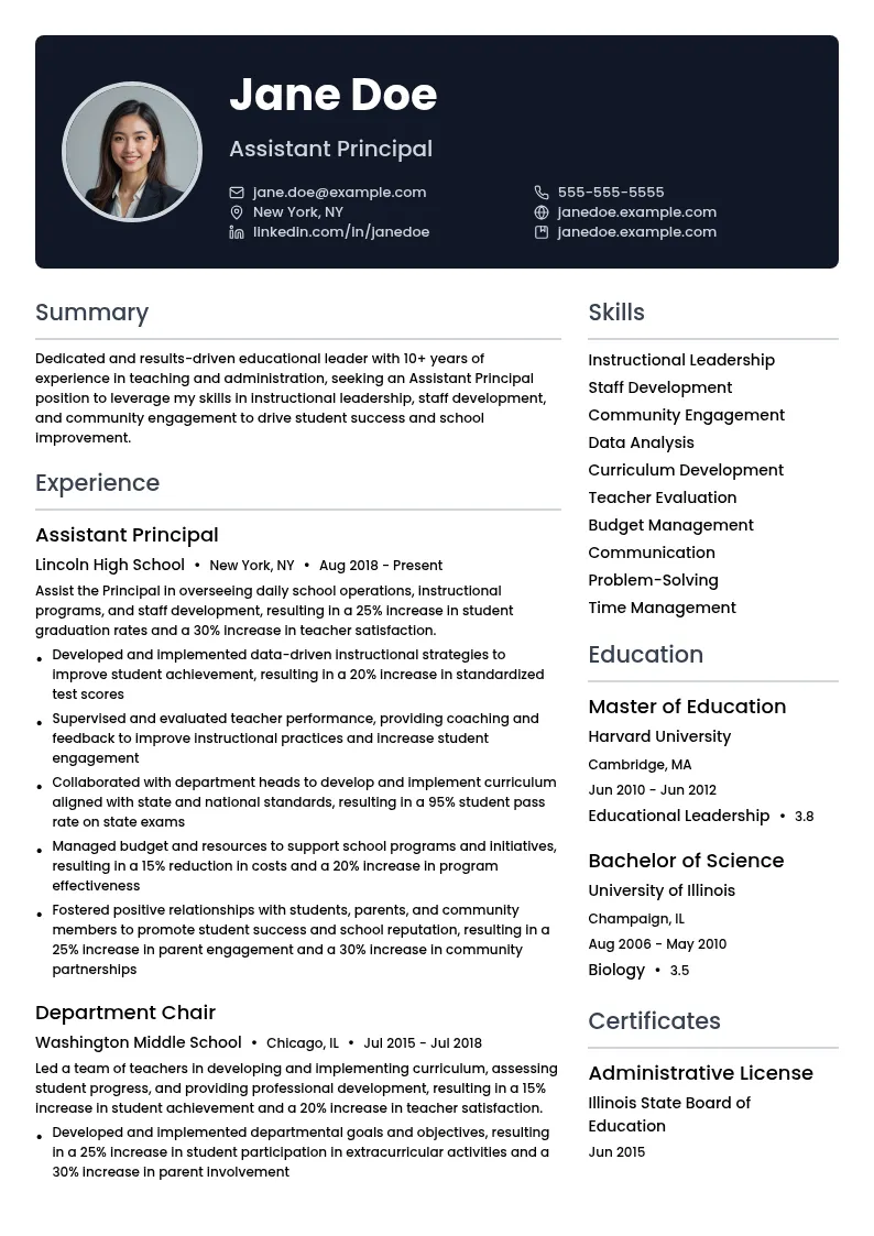 Assistant Principal resume example