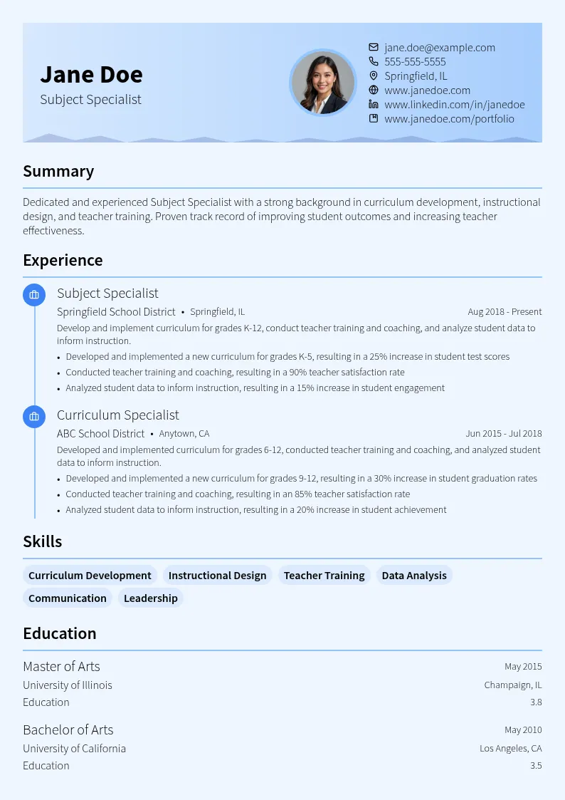 Subject Specialist resume example