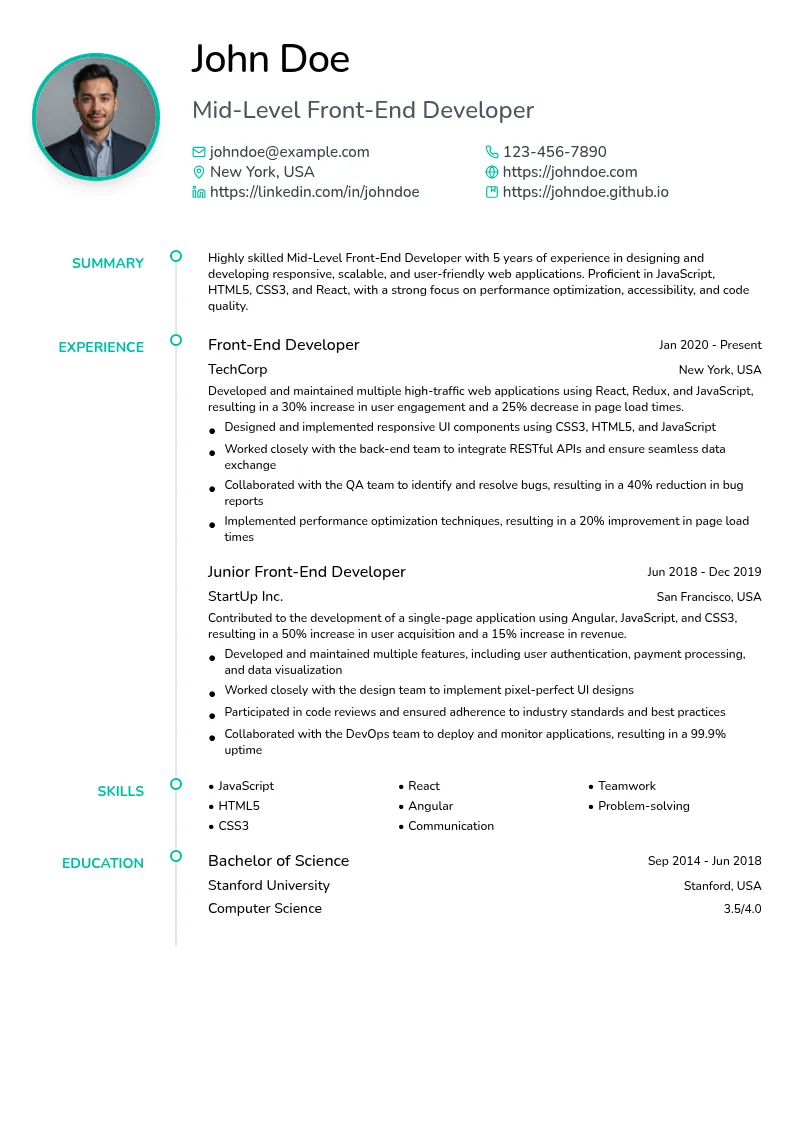 Mid-Level Front-End Developer resume example