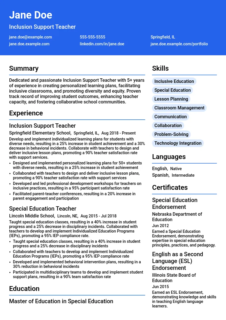 Inclusion Support Teacher resume example