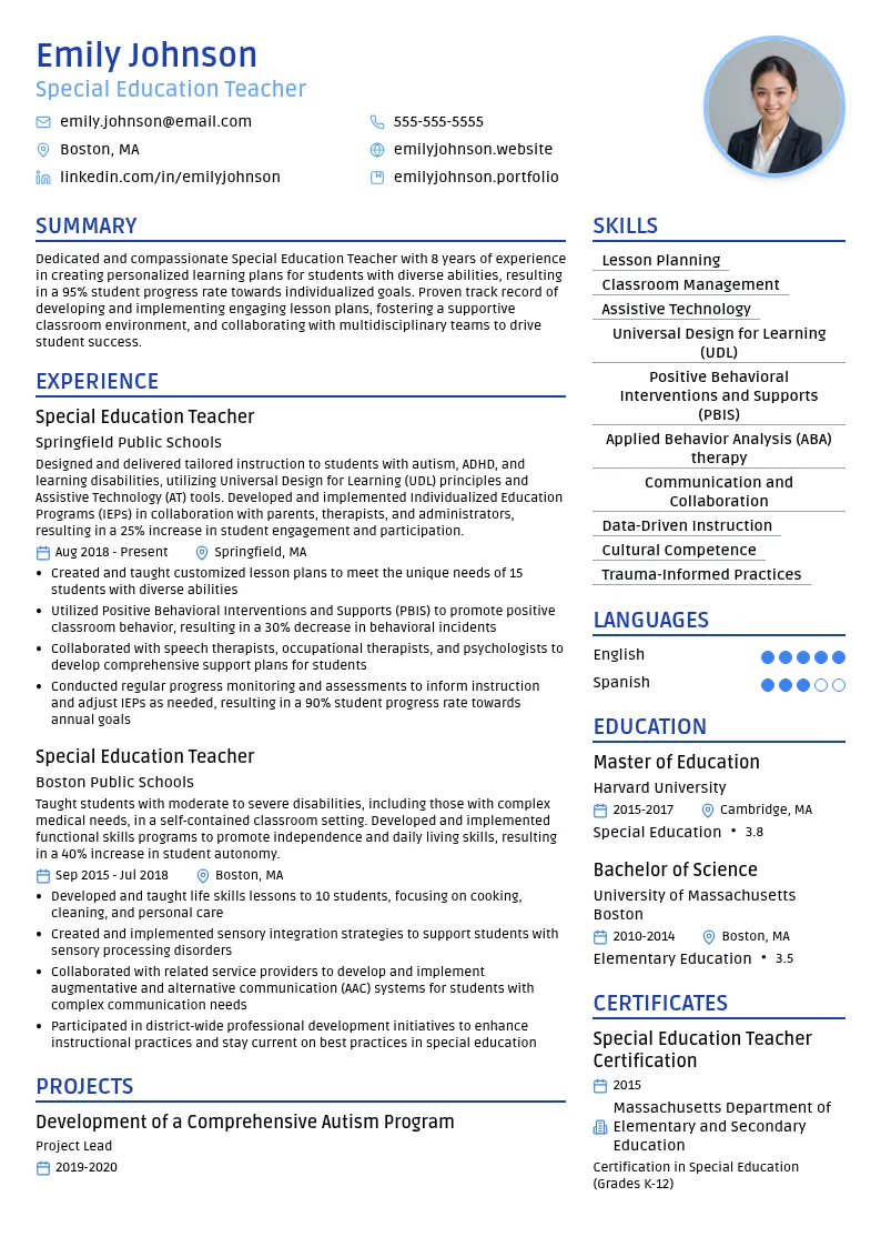 Special Education Teacher resume example
