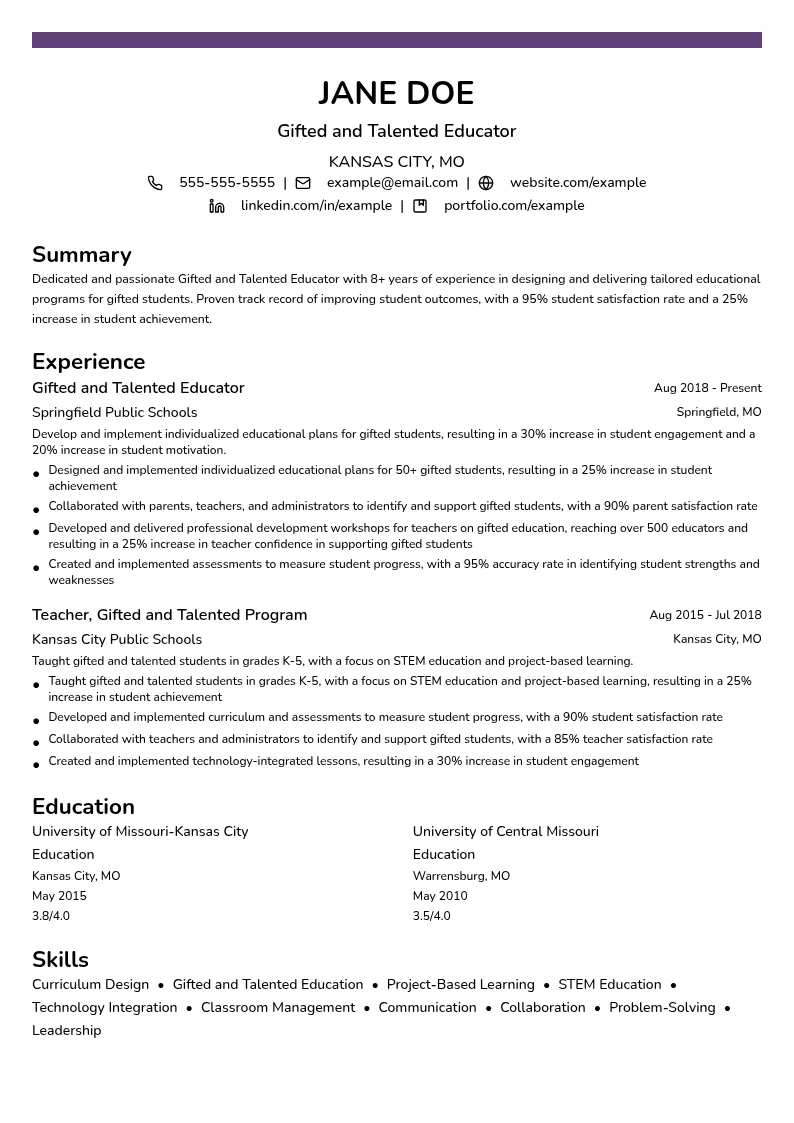 Gifted and Talented Educator resume example