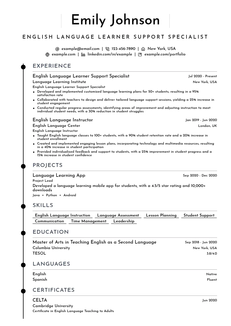 English Language Learner Support Specialist resume example