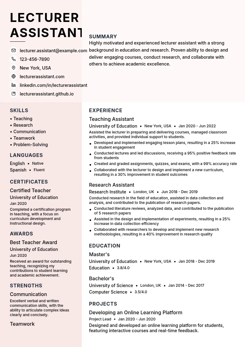 Lecturer Assistant resume example