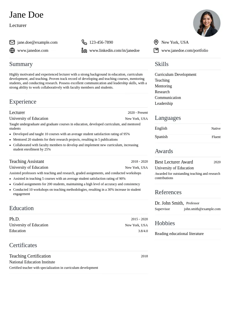 Lecturer resume example