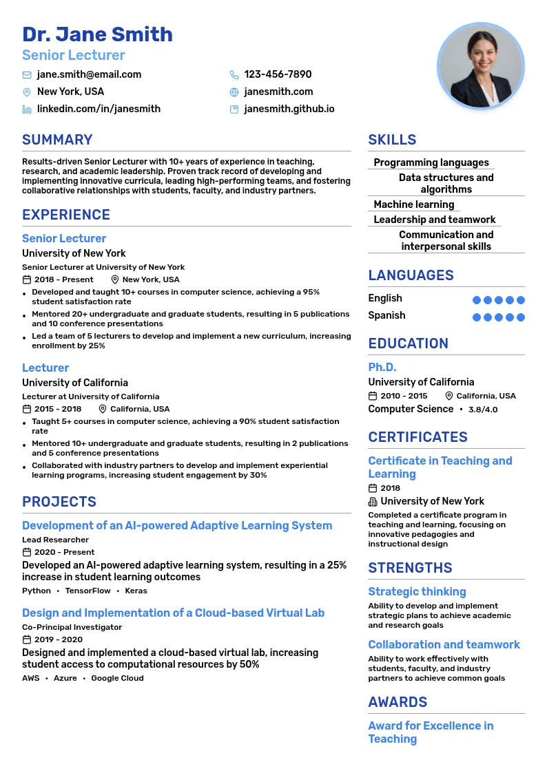 Senior Lecturer resume example