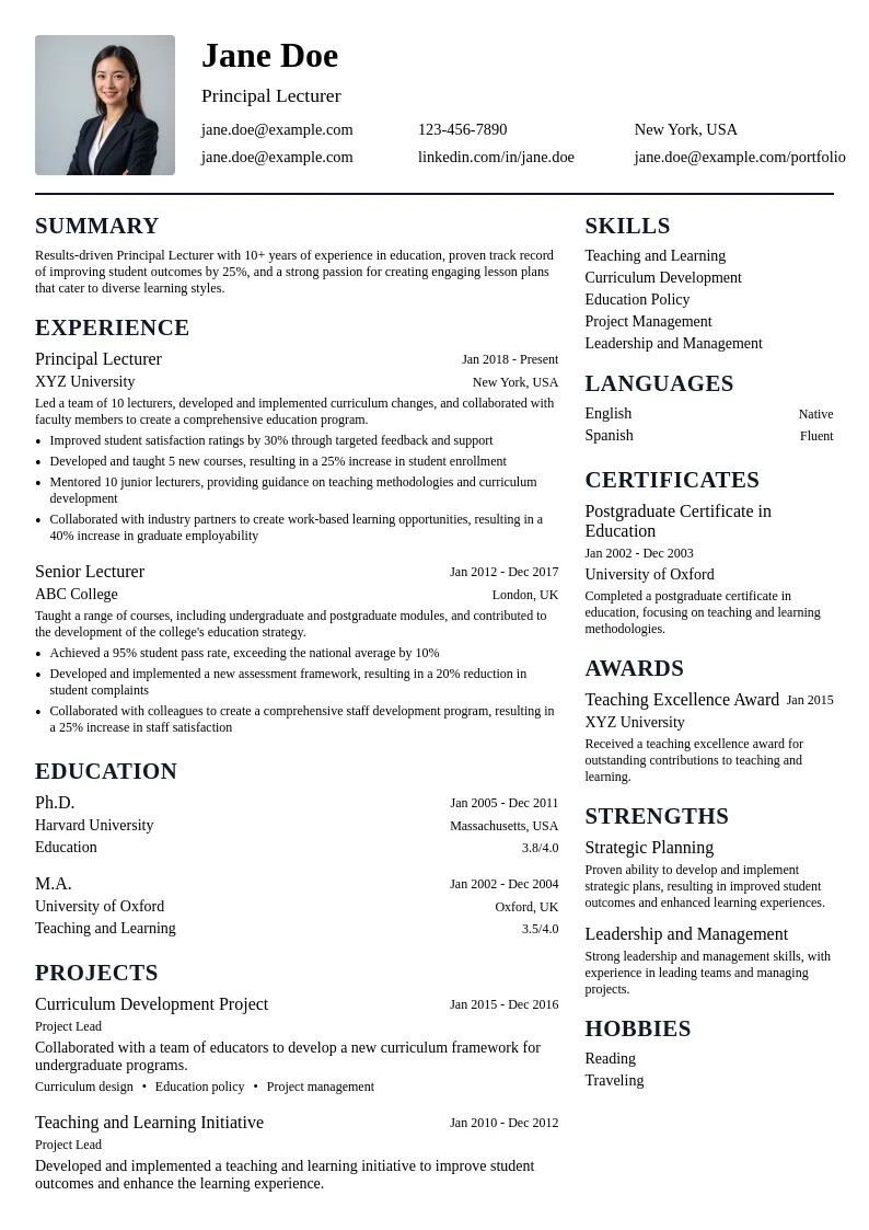Principal Lecturer resume example