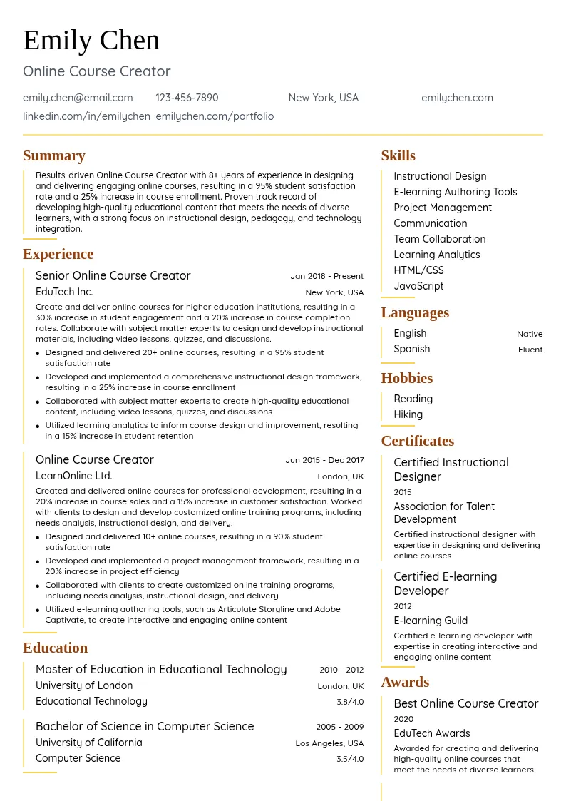 Online Course Creator resume example