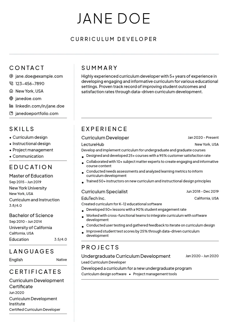Curriculum Developer resume example