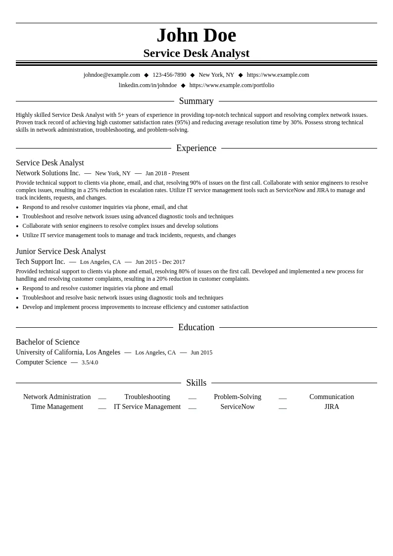 Service Desk Analyst resume example