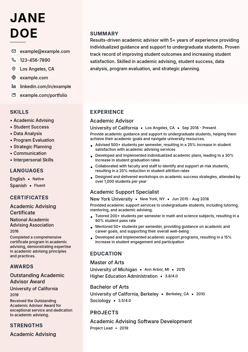 Academic Advisor resume example