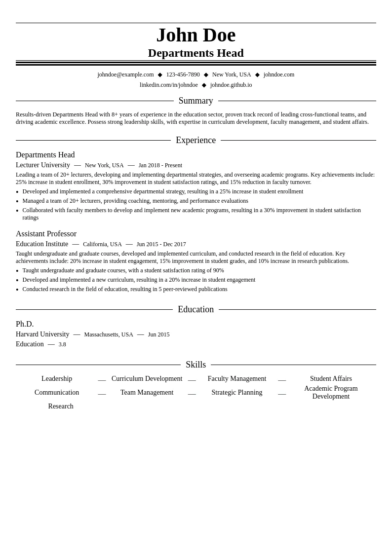 Departments Head resume example