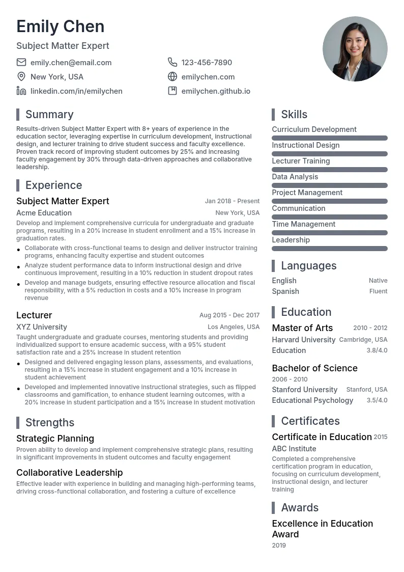 Subject Matter Expert resume example