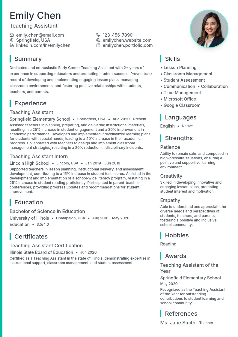 Early Career Teaching Assistant resume example