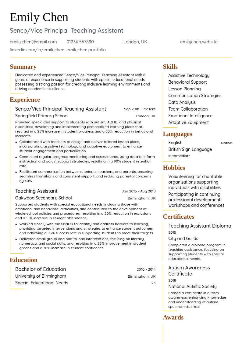 Senco/Vice Principal Teaching Assistant resume example