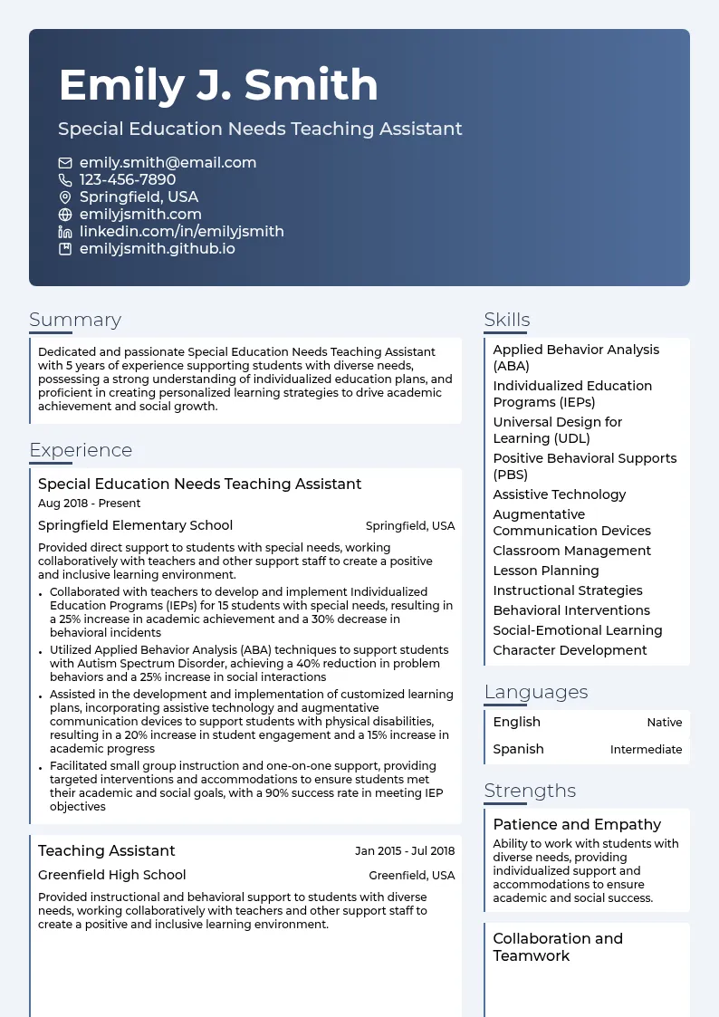Special Education Needs Teaching Assistant resume example